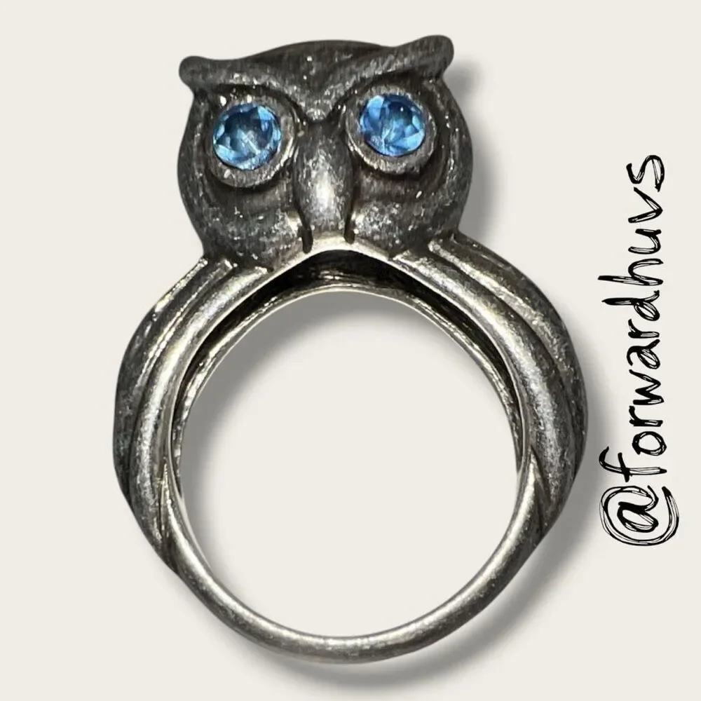 Owl Ring With Sapphire Blue Rhinestone Eyes Size 7.5